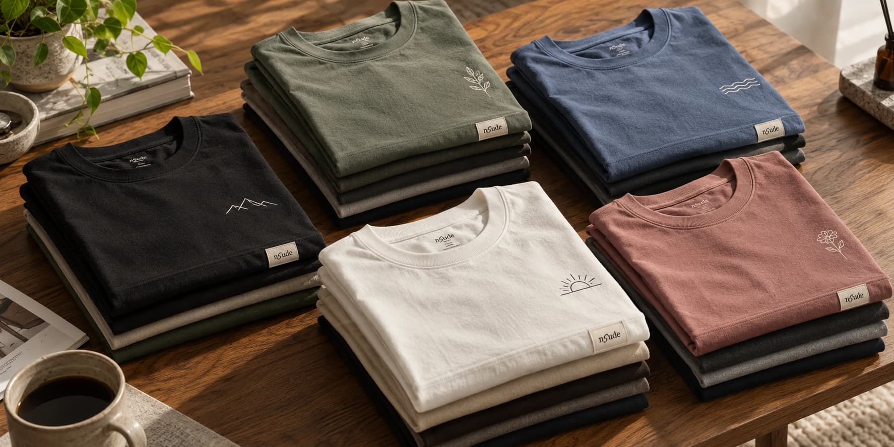 Stacks of folded NSUDE T-shirts in black, white, green, blue and clay on a wooden table